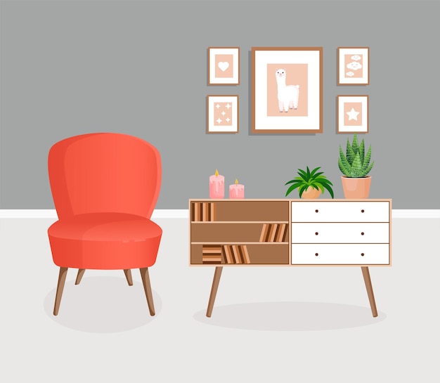 Bonito interior gris con muebles y plantas modernos. Ilustración de estilo plano vectorial.