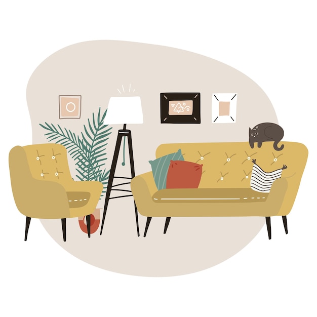 Bonito interior minimalista con muebles modernos de mediados de siglo. Sofá amarillo, sillón, lámpara de pie trípode y palma. Interior escandinavo de moda. Ilustración plana.