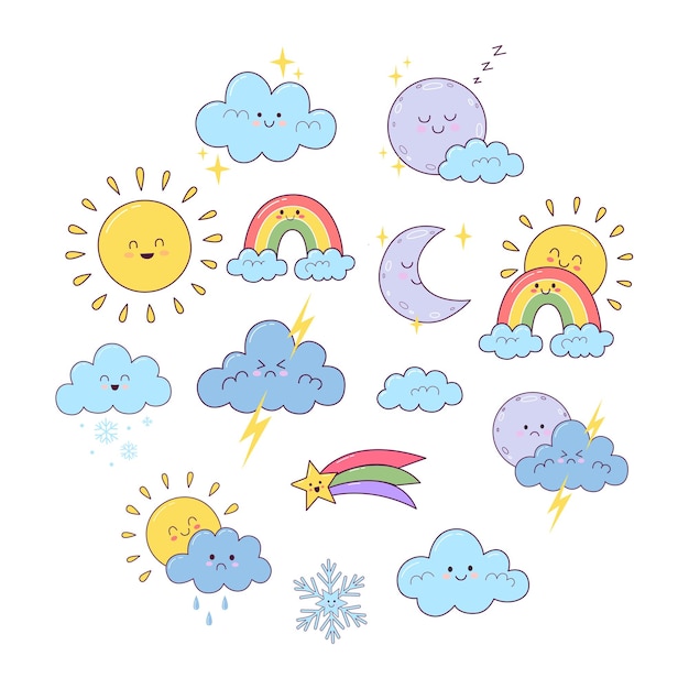 bonito juego de ilustraciones de elementos meteorológicos de dibujos animados