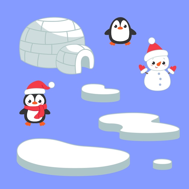 Vector bonito juego navideño con témpanos de hielo y casa iglú pingüino muñeco de nieve familia juego de invierno para demostrar