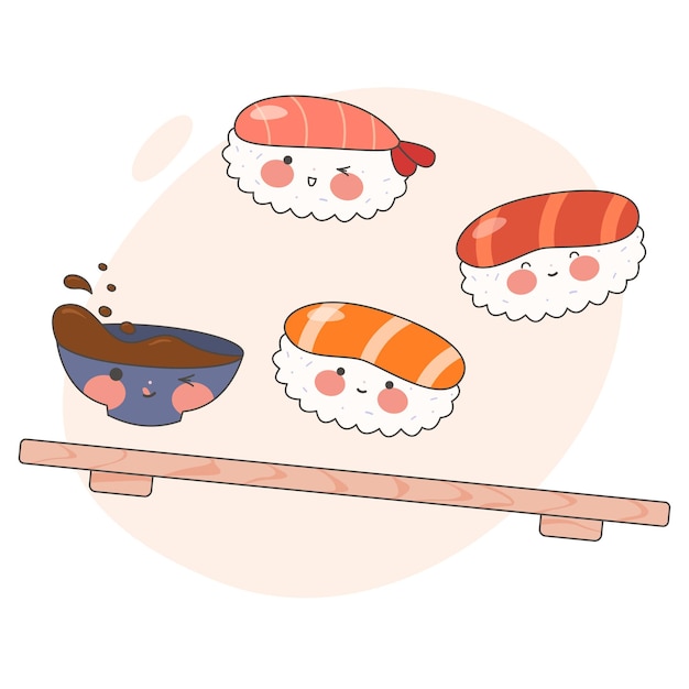 Bonito juego de sushi con cara sonriente y mejillas rosadas sushi time kawaii rolls cocina japonesa