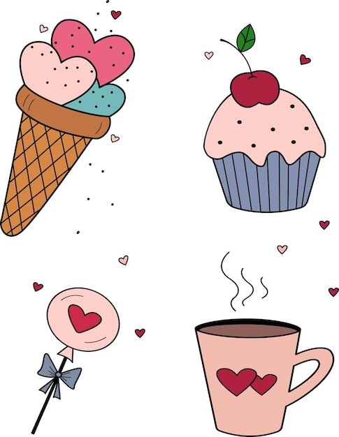 Bonito juego con taza de café de caramelo de cupcake de helado para el evento romántico de la boda del día de san valentín