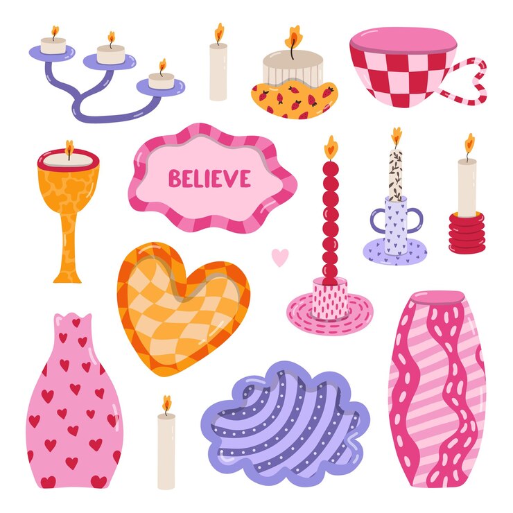 Vector bonito juego de vajilla y cerámica casera de cerámica hecha a mano al estilo de los años 70. jarrones de cerámica de moda dibujados a mano, candelabros, tazas y tazas de té, platos para joyas, utensilios para la decoración del hogar.