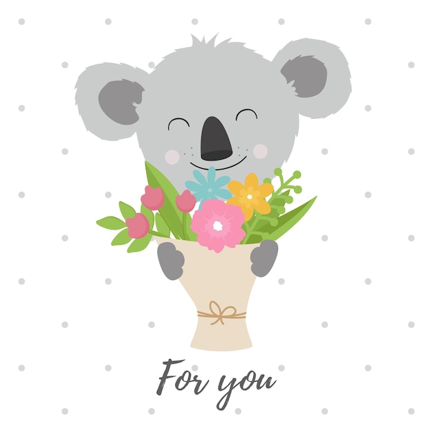 Vector bonito koala con un ramo de flores para ti.