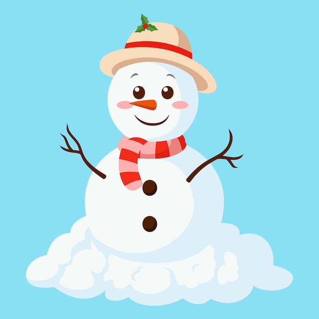 Un bonito muñeco de nieve de dibujos animados sobre un fondo azul