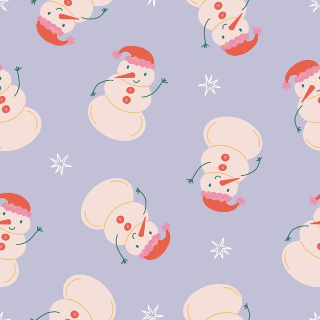 Bonito muñeco de nieve y estrellas patrón sin costura concepto de Navidad y Año Nuevo Textura vectorial retro vintage dibujada a mano para impresiones de papel pintado envolviendo textil