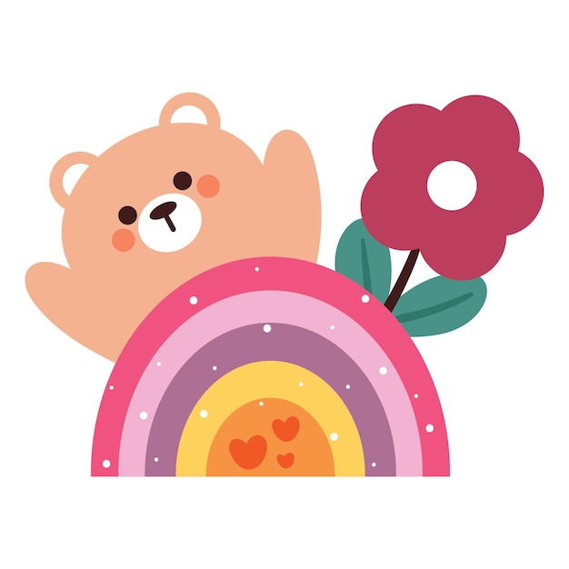 bonito oso de dibujos animados con arco iris y nubes bonito adhesivo de animal garabateado