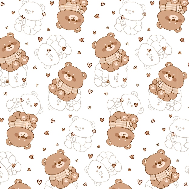 Vector el bonito oso de peluche marrón con el patrón sin costuras del papel de pared kawaii