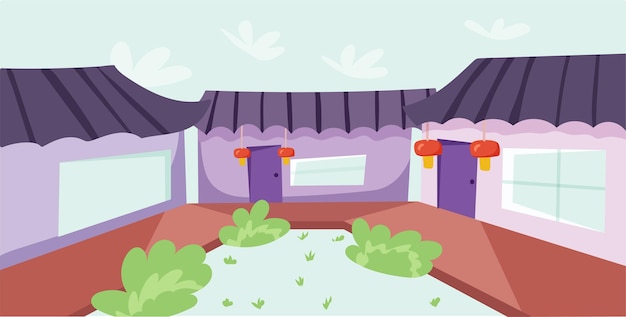 Bonito patio en china. ilustración de vector de estilo plano