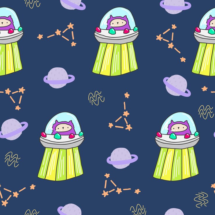 Vector bonito patrón azul con estrellas, planetas, ovnis, gatos. fondo transparente de mascotas. textiles para bebe, papel