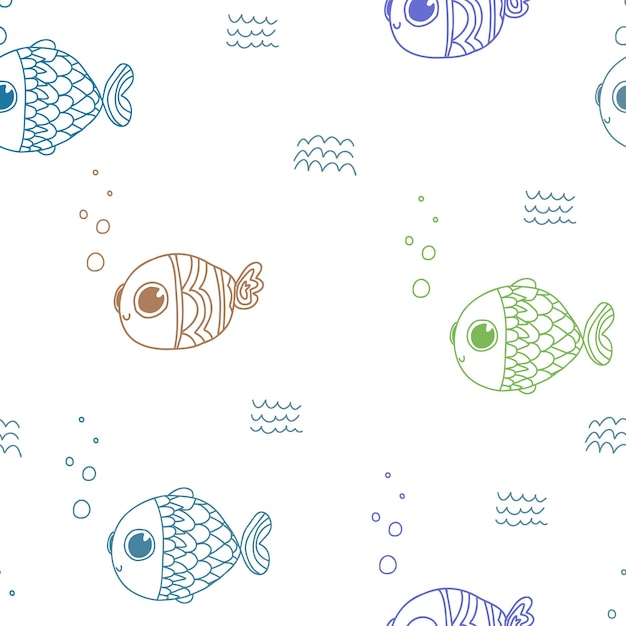 Bonito patrón minimalista con peces de colores. textiles, líneas, garabatos, garabatos, mar blanco