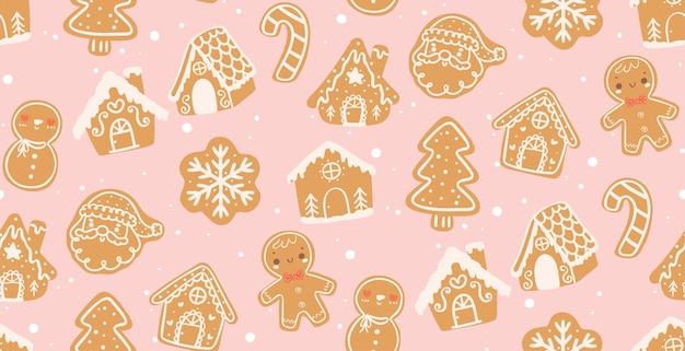 bonito patrón de Navidad kawaii pan de jengibre sin costuras dibujo a mano aislado en fondo rosa