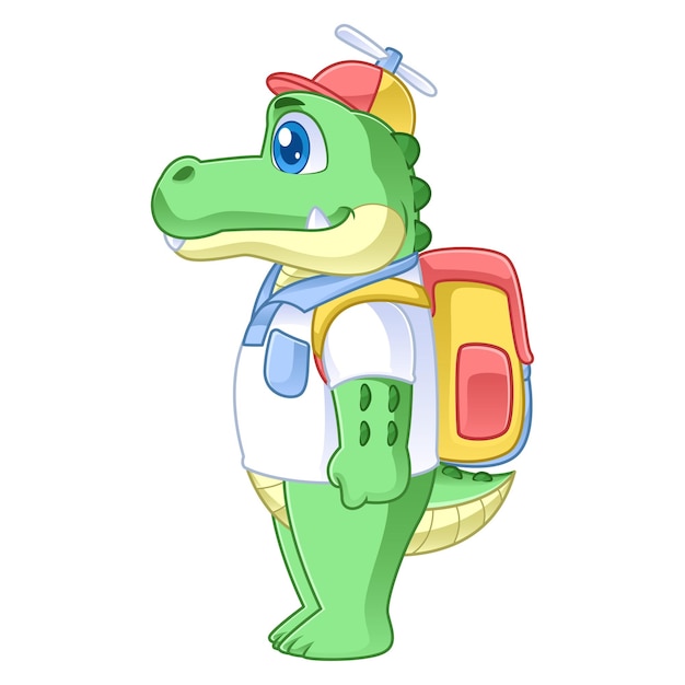 bonito personaje de dibujos animados de cocodrilo con un sombrero de hélice y llevando una bolsa hacia los lados