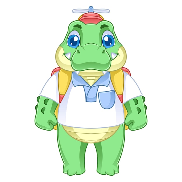 bonito personaje de dibujos animados de cocodrilo con un sombrero de hélice y llevando una bolsa de pie hacia adelante