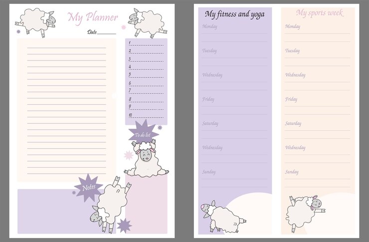 Vector bonito planificador para el día de la semana, lista de tareas, notas y horario semanal de fitness y yoga. organizador de yoga de oveja.
