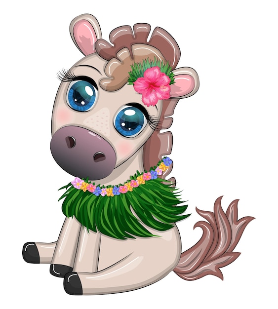 Bonito pony de caballo con corona de flores, sombrero, guitarra, bailarina de hula de Hawaii Tarjeta de verano para el banner de viaje del festival