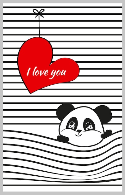 Bonito póster con un panda y un corazón felices y soñadores. Tarjeta romántica con la inscripción te amo. Dibujo vectorial para el día de San Valentín, boda. Tarjeta de felicitación, volante, invitación, afiche, portada, pancarta, mosca