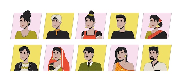 Bonito pueblo indio color plano dibujos animados avatar iconos paquete Editable 2D retrato de usuario ilustración lineal Aislado vector cara perfil clipart Colección Userpic persona cabeza y hombros