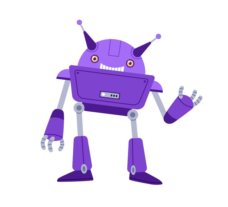 Vector bonito robot de juguete. bot infantil divertido con cara sonriente, diciendo y gesticulando hola. retrato de una amigable máquina humanoide para niños. ilustración de vector de dibujos animados plana aislado sobre fondo blanco