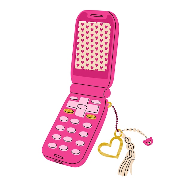 Vector bonito teléfono plegable rosa al estilo de los años 2000 con un llavero elegante accesorio retro para niñas diseño de pegatinas o impresión para camisetas y postales ilustración vectorial aislada en fondo blanco