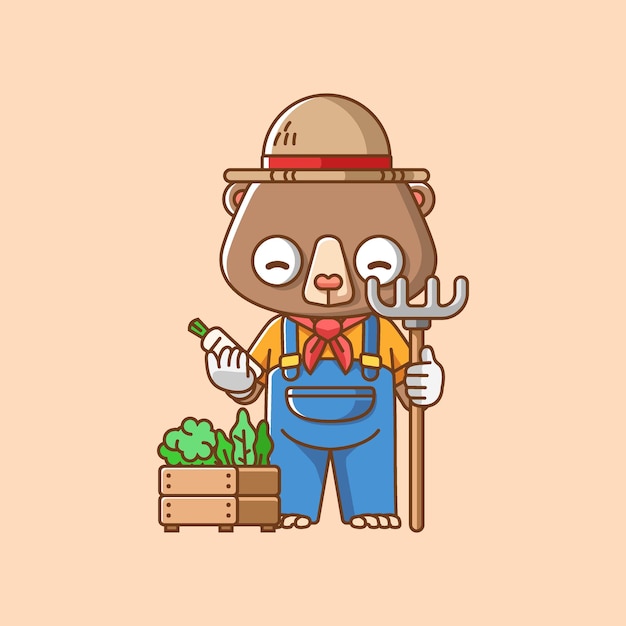 Los bonitos agricultores de osos cosechan frutas y verduras, personajes de animales, iconos de mascotas, ilustraciones de estilo plano.