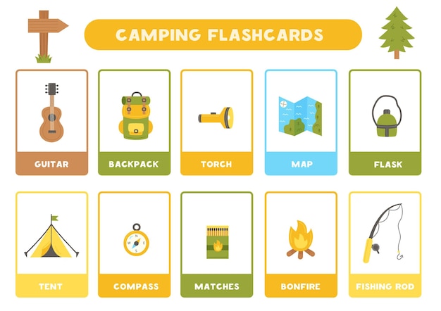Bonitos artículos de camping con nombres Flashcards para aprender inglés