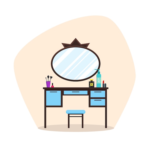 Bonitos y coloridos tocadores planos con cosas de chicas, espejo, perfume, pintalabios, cosmética. Objetos interiores aislados para vestir la habitación de la mujer. Muebles para la ilustración de vector de tocador femenino
