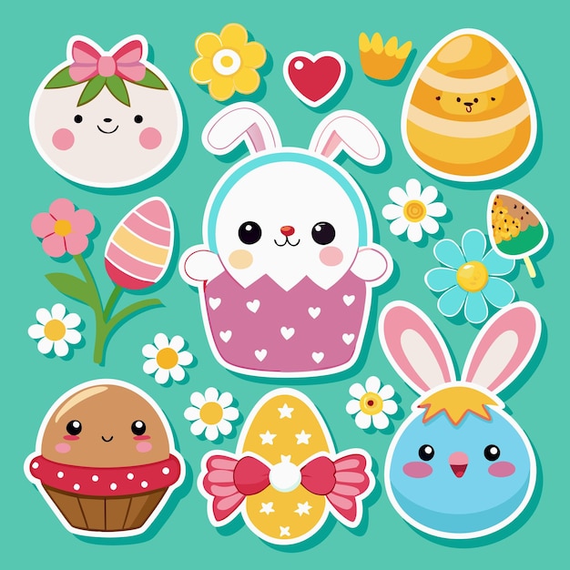 Bonitos conejitos de Pascua con huevos y flores para la primavera