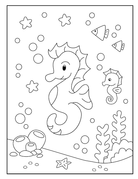 Bonitos dibujos de caballitos de mar para colorear para niños | Vector  Premium