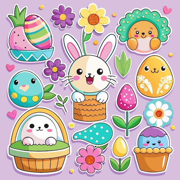 Bonitos huevos de conejo de Pascua, flores y otros elementos sobre un fondo púrpura