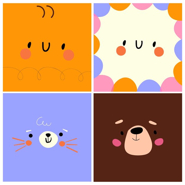 Bonitos y sencillos retratos de animales: abeja, oso, liebre y flor. Ideal para crear ropa de bebé. Vector