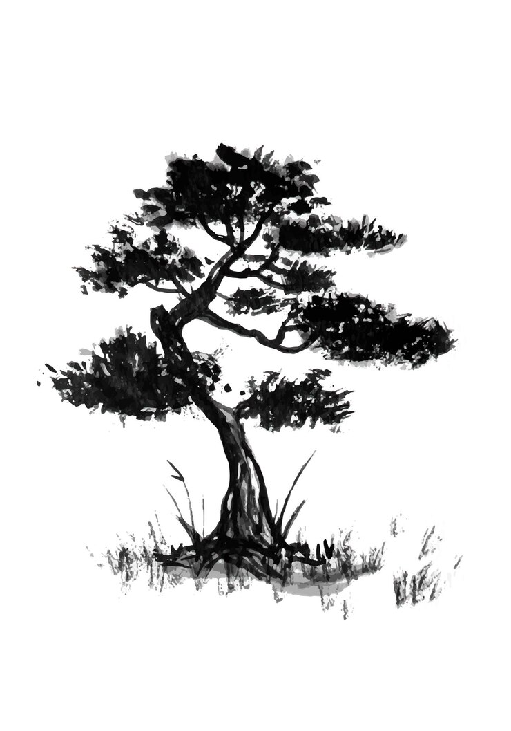 Vector bonsai árbol asiático retro antiguo línea arte grabado vector