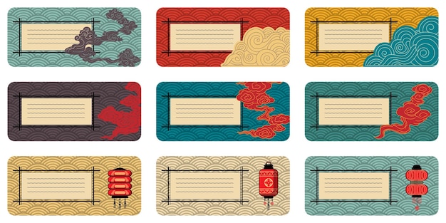 book labels inspired by Japanese and Chinese patterns Asian lanterns and lanterns
