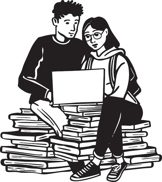 Bookish Bliss Couple inmersos en la computadora portátil Trabajo en libros Vector Logo Negro Wild West Emblema Sombrero de vaquero