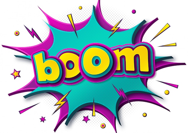 Boom comics póster con coloridas burbujas de discurso en estilo pop art.