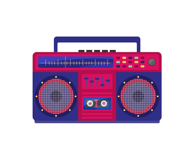 Boombox objeto vectorial aislado Grabadora de audio dispositivo retro de los años 80 y 90 Ilustración plana de colorido equipo musical de moda sobre fondo blanco