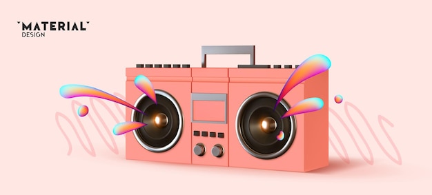 Boombox rosa, audio y música. receptor de música moderno y elegante. retro antiguo objeto 3d realista. banner de fiesta, afiche, encabezado para sitio web. ilustración vectorial