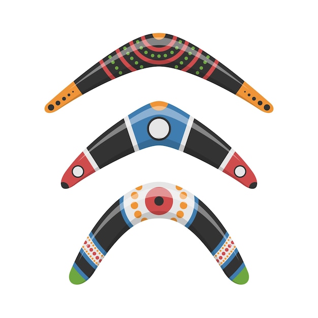 Boomerang de madera tradicional de iconos de diferentes formas conjunto aislado sobre fondo blanco. Arma de caza y deporte nativa australiana. Bumeranes de madera aborígenes. ilustración vectorial