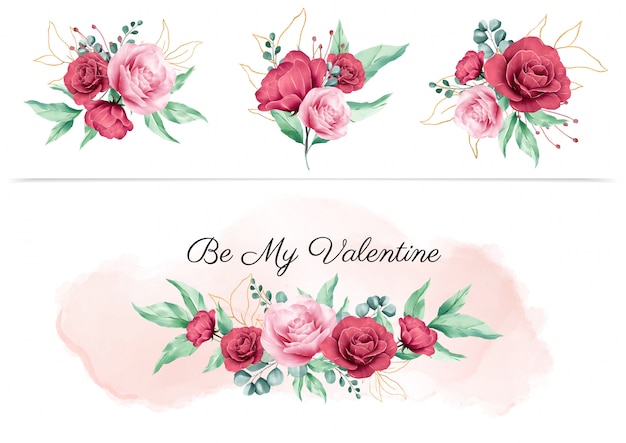 Boquet floral acuarela para elementos de diseño de San Valentín y arreglos florales para vector de composición de tarjeta de invitación de boda