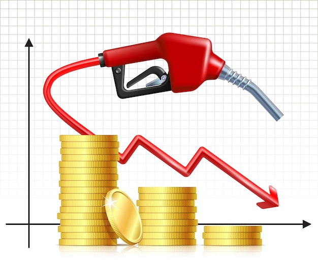Boquilla de bomba de manija de combustible con manguera como gráfico de caída de precios y pila de monedas de oro Precio cayendo