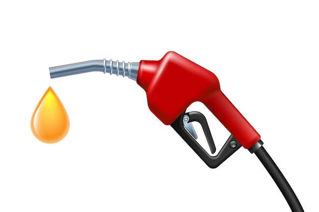 Boquilla de la bomba de la manija de combustible con manguera. Gota amarilla de gasolina cayendo de la pistola de gas con combustible. Ilustración de vector aislado sobre fondo blanco. Concepto de potencia y energía.