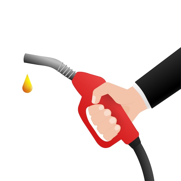 Boquilla de combustible con la mano en estilo plano sobre fondo blanco Ilustración de vector plano de dibujos animados