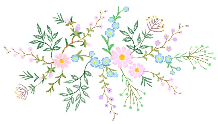 Vector bordado encaje blanco estampado floral pequeñas ramas hierba salvaje