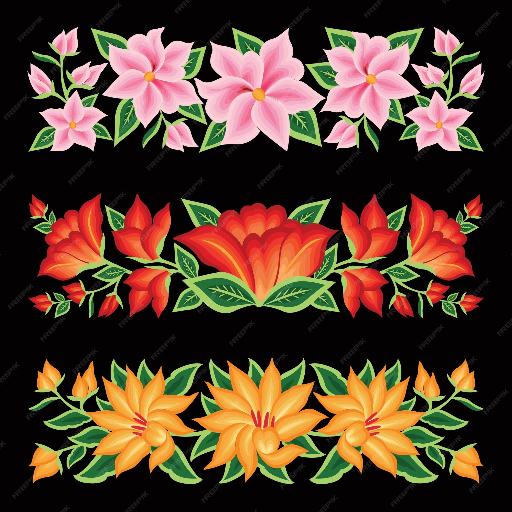 Bordado estilo de oaxaca mexico conjunto de borde floral | Vector Premium Bordado estilo de oaxaca mexico conjunto de borde floral | Vector Premium