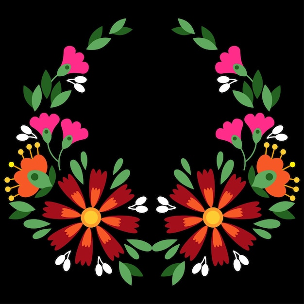 Bordado floral mexicano en forma de corona sobre fondo negro