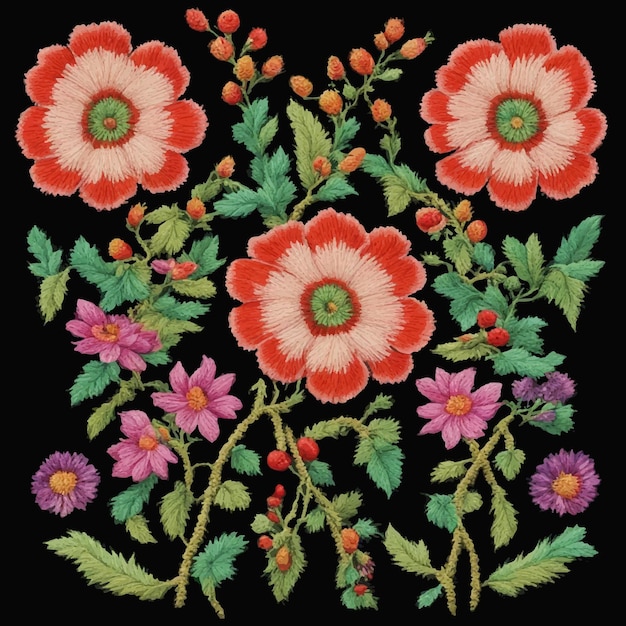 Vector bordado húngaro tradicional vectorial ornamento floral brillante sobre fondo negro
