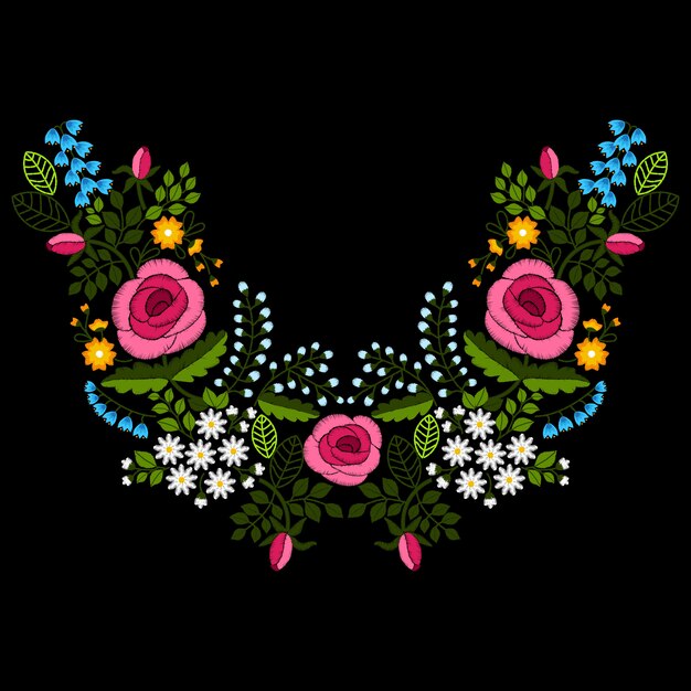 Bordado de línea de cuello con flores silvestres y rosas, ilustración.