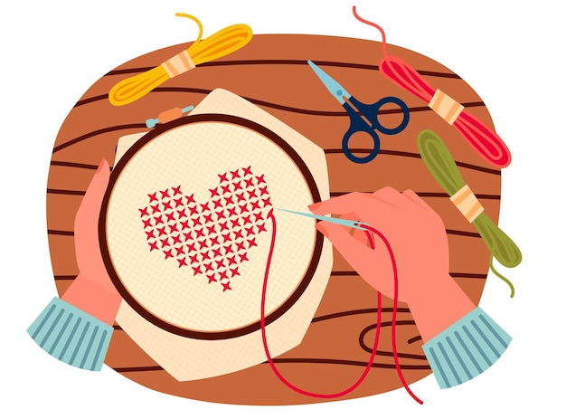 Bordado a mano de corazón cruzado Ilustración vectorial de dibujos animados de manos cosiendo decoración de corazón rojo en tela Manos femeninas sosteniendo un aro de bordado con bordado de corazón
