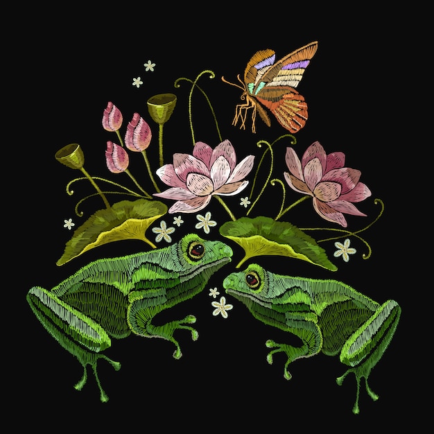 Vector bordado ranas, mariposas y flores de loto