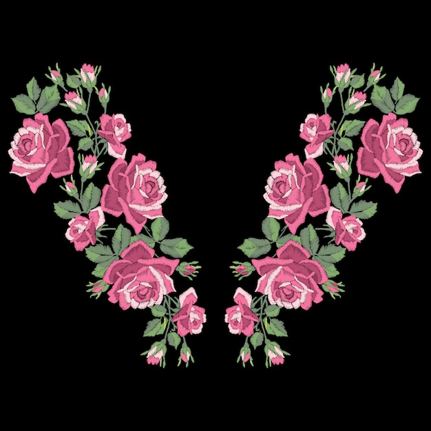 Bordado de rosas con hojas y brotes. Línea de cuello de flores étnicas, diseño de flores, gráficos de moda. Bordado para camiseta.